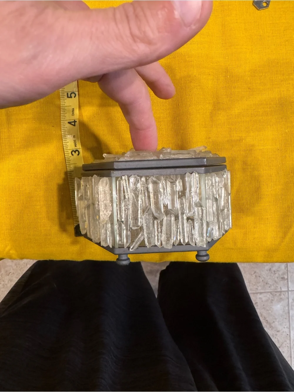 Vintage Hexagonal Raw Clear Quartz Crystal Mirror Trinket Box
